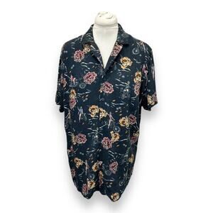 Zipcode Ricky Singh Men Graphic Floral Biker Pinup Short-Sleeve Hawaiian Shirt L